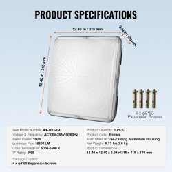 LED-katoksivalaisin 150W 16500 lm 5000K IP65 painevalettu alumiinikotelo 315 x 315 mm