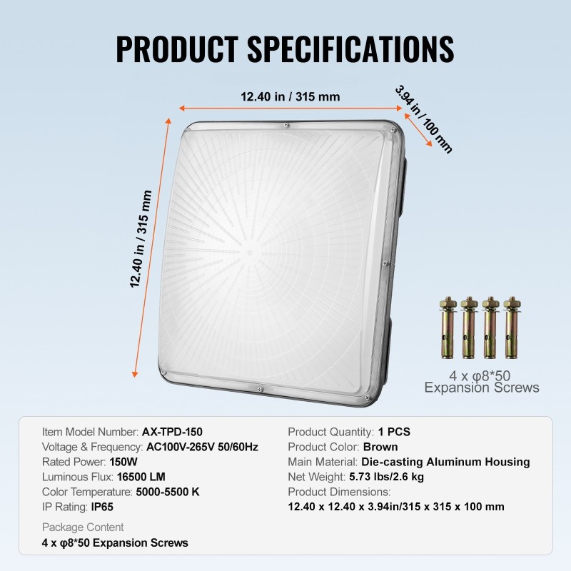 LED-katoksivalaisin 150W 16500 lm 5000K IP65 painevalettu alumiinikotelo 315 x 315 mm