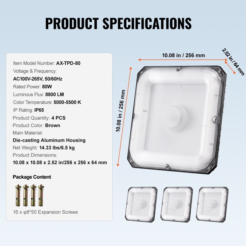 LED-katosvalot 4 kpl 80W 8800 lm 5000K IP65 painevalettu alumiini