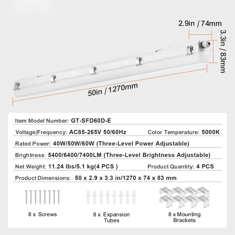 LED höyrytiivis valaisin 1270 mm 4 kpl 40/50/60W IP65 5000K