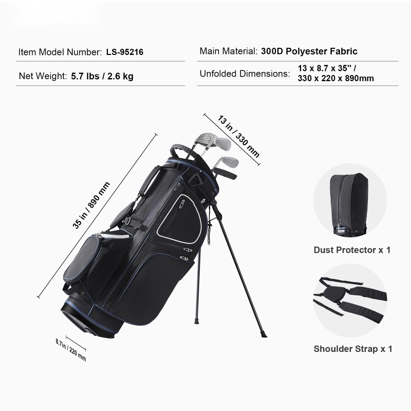 Golfkärrylaukku 14-osainen jakajayläosa 11 taskua 600D polyesteri irrotettava kaksoishihna pölysuoja