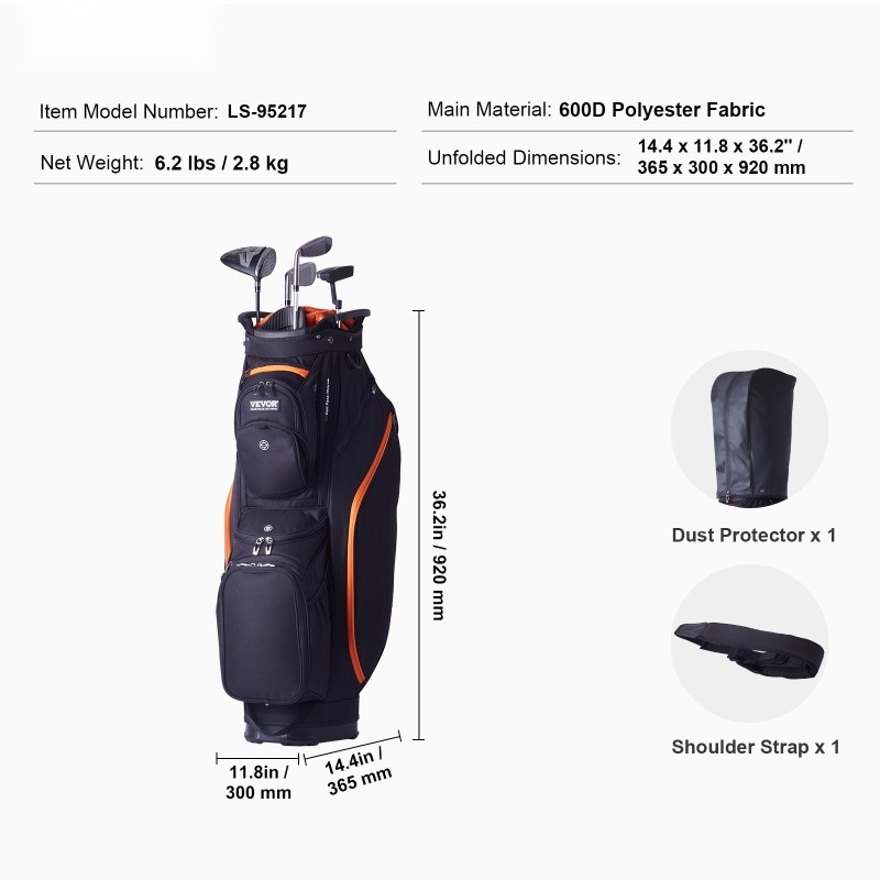 Golfkärrybägi 14-osainen jakaja 13 taskua 600D polyesterikangas musta-oranssi