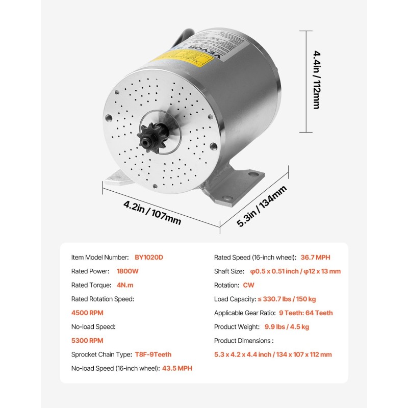 Harjaton tasavirtamoottori 48V 1800W 4500 kierrosta minuutissa 4 N·m sähköpyöriin