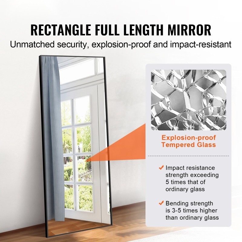 Suorakulmainen kokovartalopeili 1800 x 785 mm alumiiniseoskehys karkaistu lasi musta