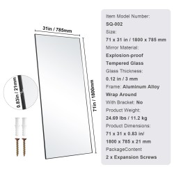 Suorakulmainen kokovartalopeili 1800 x 785 mm alumiiniseoskehys karkaistu lasi musta