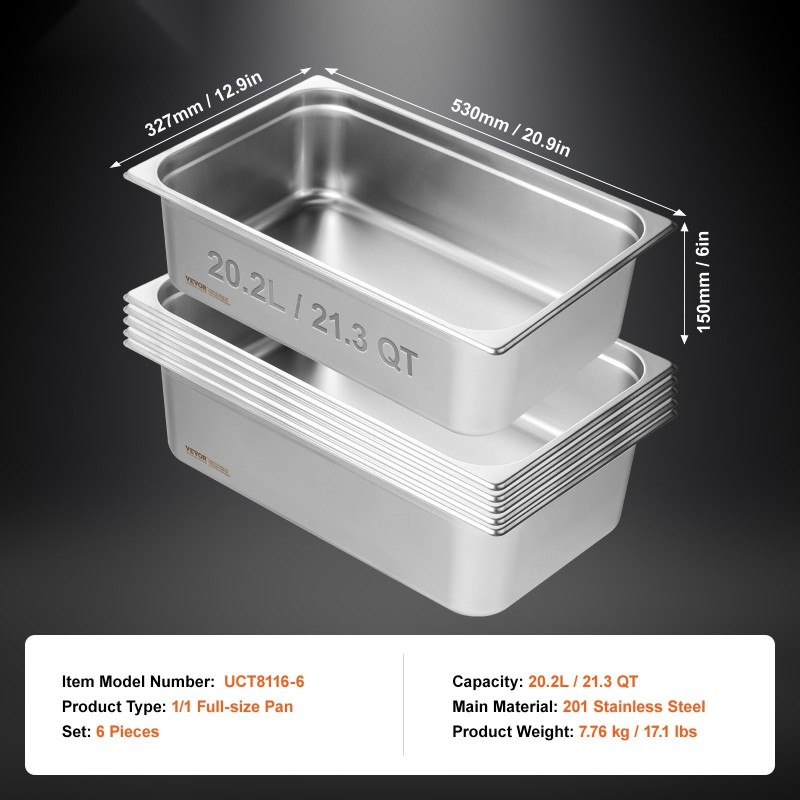 Täysikokoinen GN-astiasarja 6 kpl ruostumatonta terästä 6 tuuman syvä