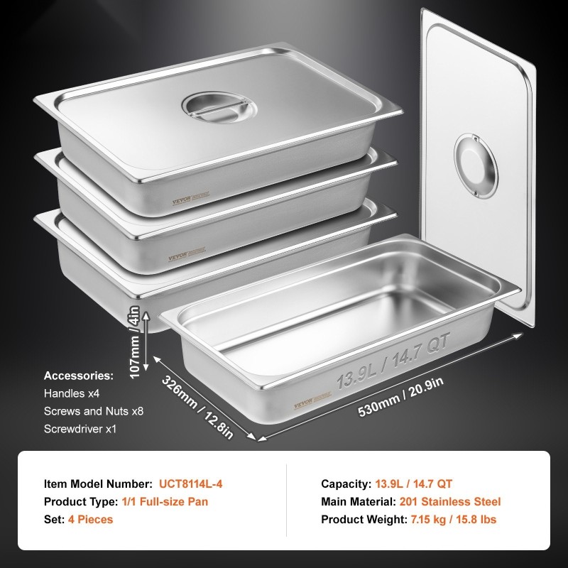 Höyrypöytäastiasetti ruostumattomasta teräksestä täysikokoinen 4 kpl 4 tuuman syvä kannella