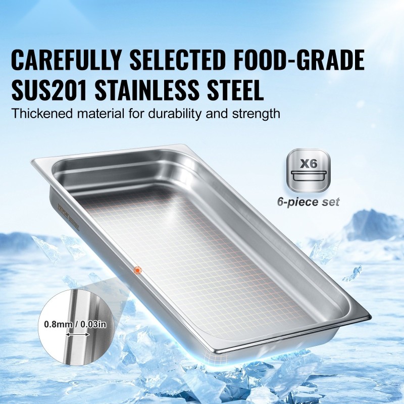 Täysikokoiset höyrypannut 201 ruostumatonta terästä 6 kpl 67 mm syvät ammattikeittiöön