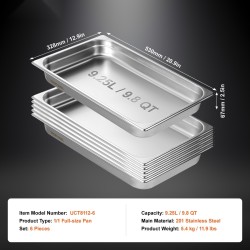 Täysikokoiset höyrypannut 201 ruostumatonta terästä 6 kpl 67 mm syvät ammattikeittiöön