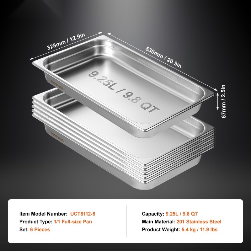 Täysikokoiset höyrypannut 201 ruostumatonta terästä 6 kpl 67 mm syvät ammattikeittiöön