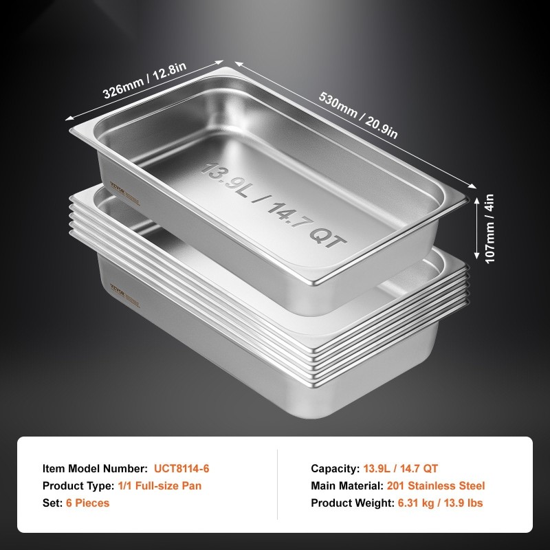 Täyskokoiset GN hotelipannut 201-ruostumatonta terästä 6 kpl 4 tuumaa