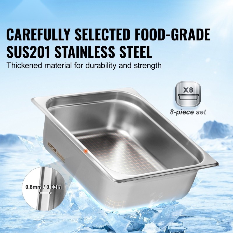 Höyrypöytävuoka ruostumaton teräs puolikokoinen 8 kpl kannella 4 tuumaa syvä