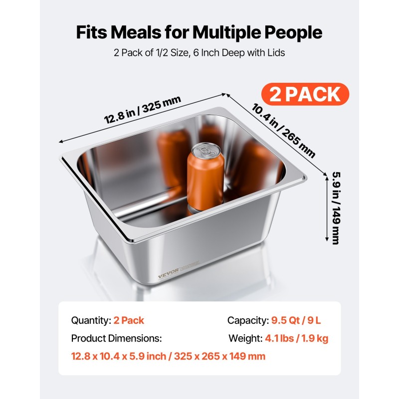 Ruostumaton teräs GN-astia puolikokoinen 148 mm syvä 9 litraa kansilla 2 kappaletta