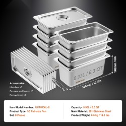 1/3-kokoiset höyrypannut 6 tuumaa syvät 8 kappaletta kansineen ruostumatonta terästä