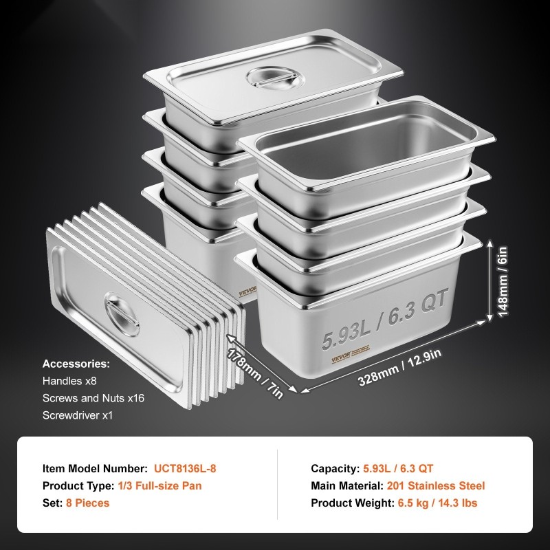 1/3-kokoiset höyrypannut 6 tuumaa syvät 8 kappaletta kansineen ruostumatonta terästä