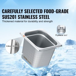 GN-hotelivuokat SUS201-ruostumaton teräs 1/6 GN-koko 6 kpl 6 tuumaa syvät ammattikeittiöille