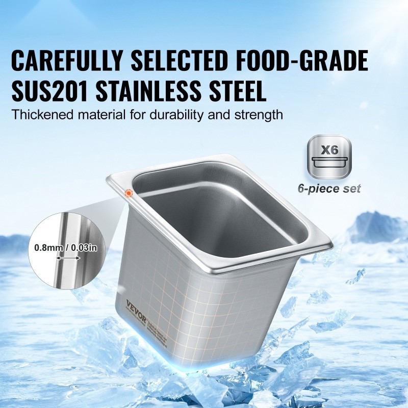 GN-hotelivuokat SUS201-ruostumaton teräs 1/6 GN-koko 6 kpl 6 tuumaa syvät ammattikeittiöille