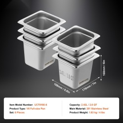 GN-hotelivuokat SUS201-ruostumaton teräs 1/6 GN-koko 6 kpl 6 tuumaa syvät ammattikeittiöille