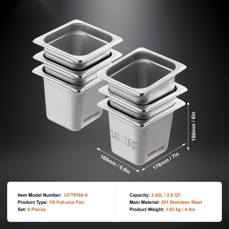 GN-hotelivuokat SUS201-ruostumaton teräs 1/6 GN-koko 6 kpl 6 tuumaa syvät ammattikeittiöille