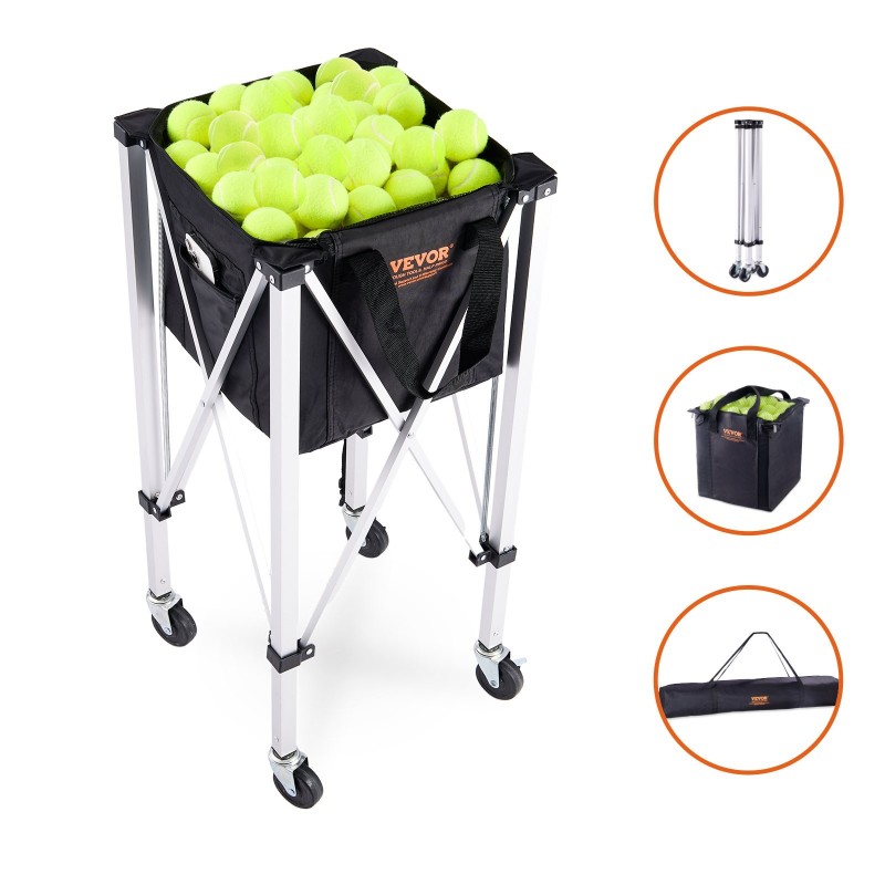 Tennispallokärry taittuva 180 pallolle alumiinirunko 600D nailonkori pyörillä