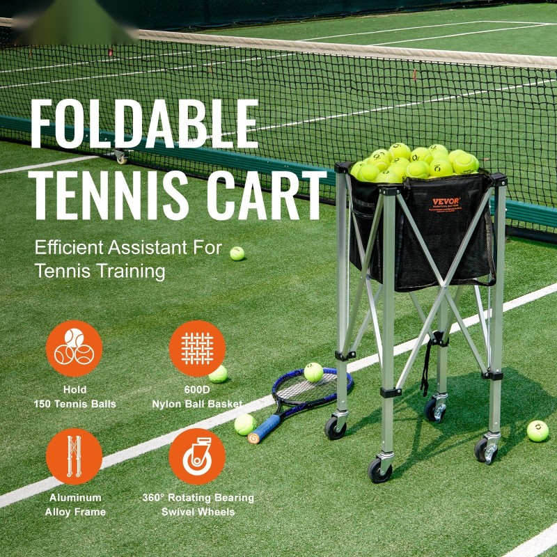 Taitettava tennispallovaunu kevyt alumiiniseosrunko 150 palloa irrotettava nailonkori 360 asteen kääntyvät pyörät