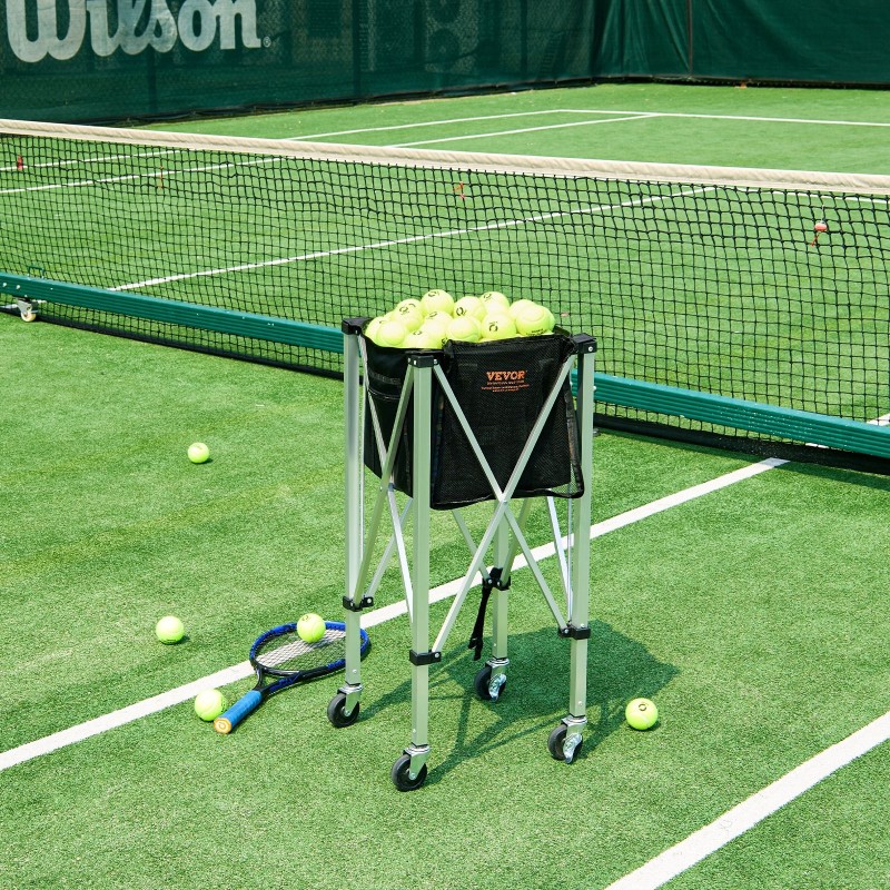Taitettava tennispallovaunu kevyt alumiiniseosrunko 150 palloa irrotettava nailonkori 360 asteen kääntyvät pyörät