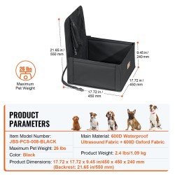 Koiran autosänky vedenpitävä kangas puuvillatäytteinen tukeva runko enintään 12 kg musta