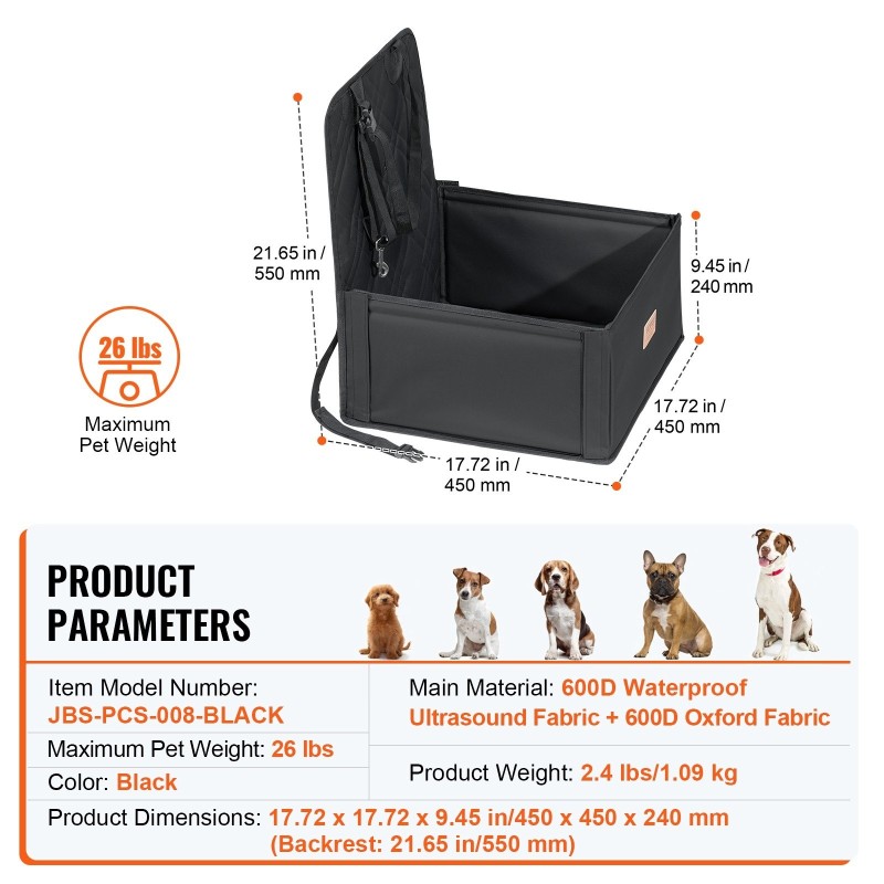 Koiran autosänky vedenpitävä kangas puuvillatäytteinen tukeva runko enintään 12 kg musta