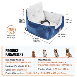 Koiran auton turvaistuin korkea selkä puuvillatäyte tummansininen harmaa pienille koirille