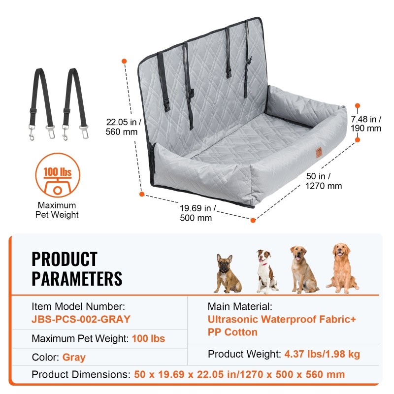 Koiran turvaistuin autoon vedenpitävä kangas PP-puuvillatäyte sopii jopa 100 paunaa harmaa