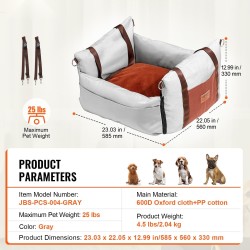 Koiran autopenkki vesitiivis 600D kangas harmaa PP puuvillatäytteellä sivukahvat turvakiinnityshihna säilytystasku