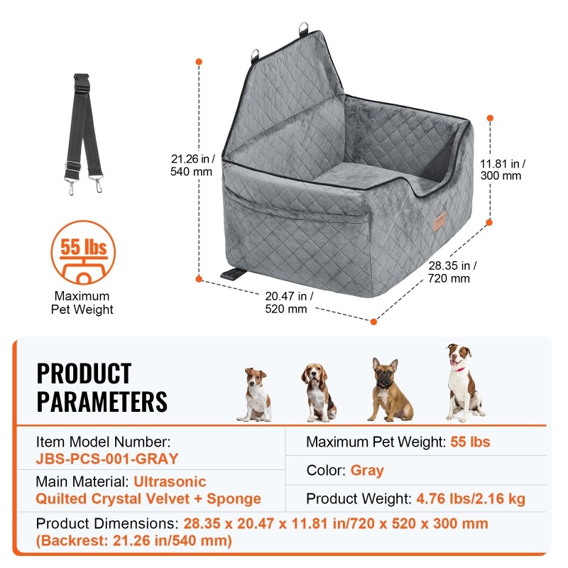 Koiran autopenkki harmaa ultraäänitikattu kristallisametti sieniäytteellä säädettävillä turvavöillä enintään 25 kg