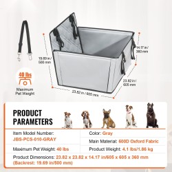 Koiran turvaistuin takapenkille 600D Oxford-kangas harmaa tukevalla rungolla enintään 40 paunaa