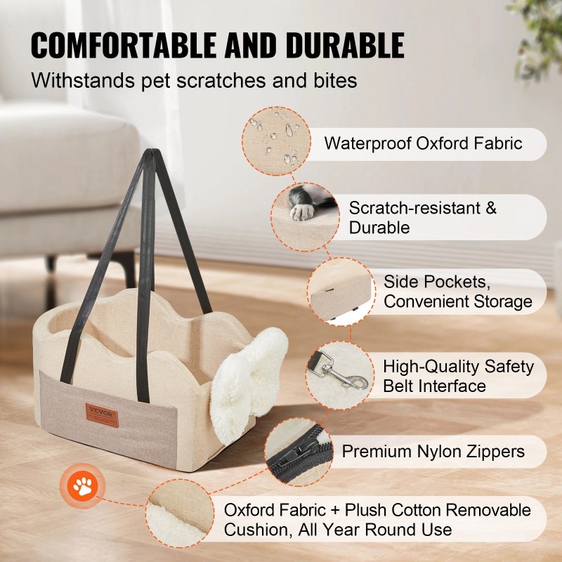 Keskikonsolin koiran istuin vedenpitävästä Oxford-kankaasta vaaleanruskea säädettävillä hihnoilla