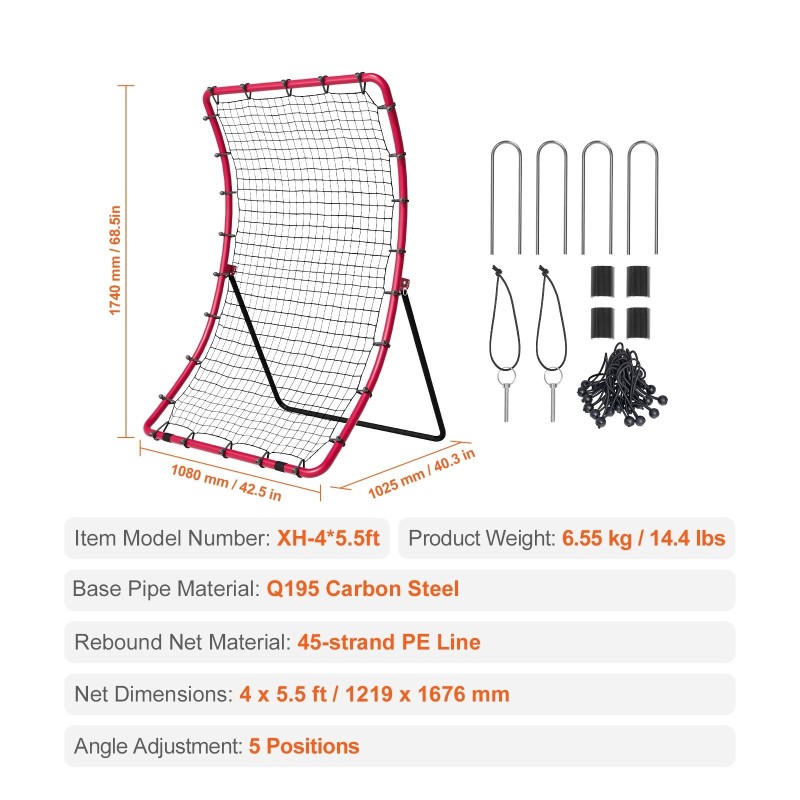 Palautusverkko baseball- ja softball-harjoitteluun Q195-hiiliteräsrunko 1219 x 1676 mm 5 asentoa