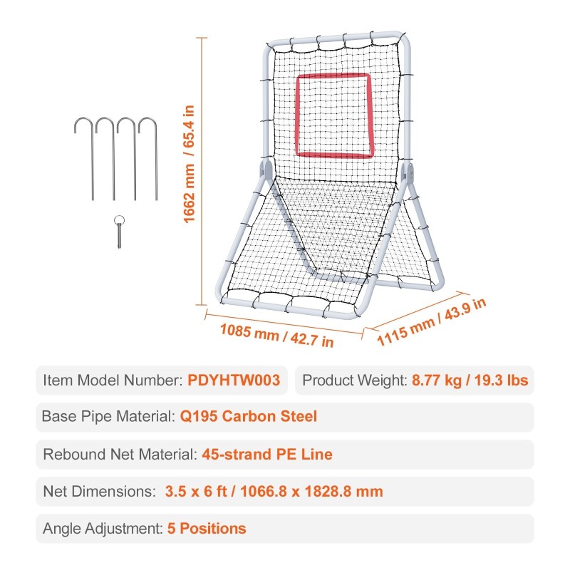 Palautusverkko baseball ja softball teräsrunko ja PE-verkko 1067x1829 mm 5 säädettävää asentoa