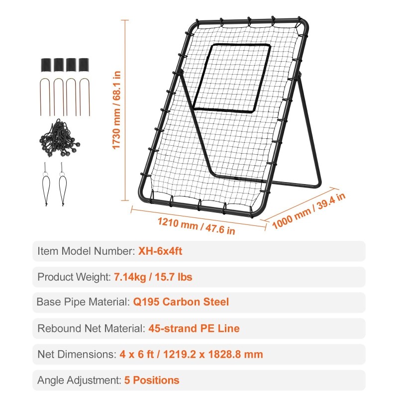 Palautusverkko baseballiin ja softballiin 122x183 senttimetriä polyeteeniverkko hiiliteräsrunko