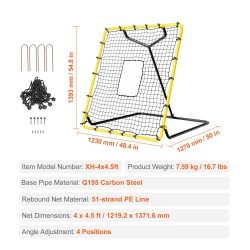 Harjoitusverkko pesäpalloon ja softboliin 122 x 137 cm teräsrunko 4-portainen kulmansäätö
