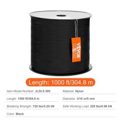 Nylonköysi punottu 5 mm 304,8 m 32-säikeinen murtolujuus 3,20 kN musta