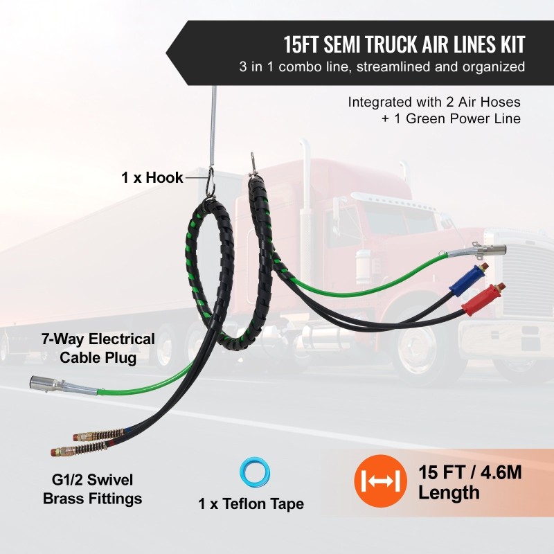 Paineilmaletkusarja kolmiosainen 4,6 m kumiletku ja 7-napainen virtajohto
