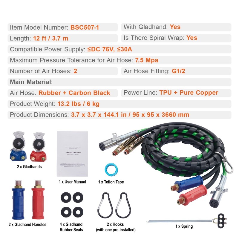 Paineilmalinjasarja 3,7 m kaksi paineilmaletkua ja 7-napainen kuparijohto