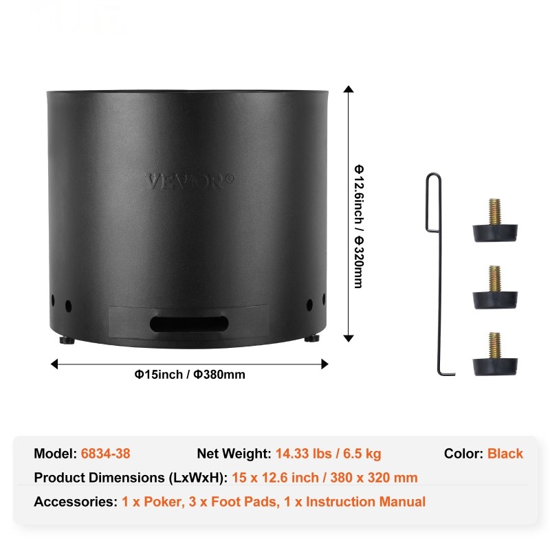 Puupolttoinen savuton tulisija SUS430-ruostumainen sisäosa halkaisija 380 mm irrotettavalla tuhkalaatikolla
