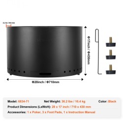 Puupolttoinen savuton tulipesä sisäosa ruostumatonta terästä 71 cm ulkokäyttöön