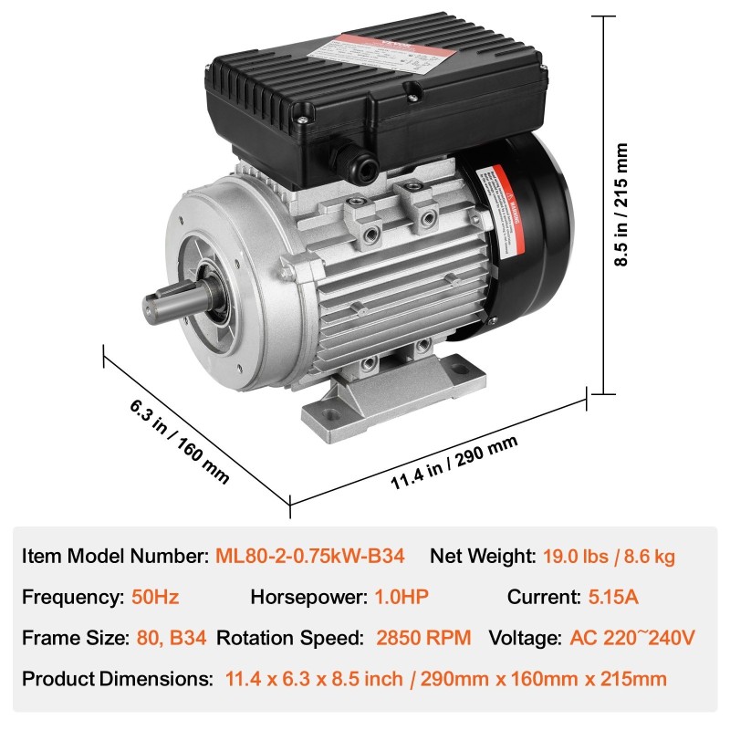 Yksivaiheinen vaihtovirtamoottori 0,75 kW 2850 r/min 220–240 V 19 mm ura-akseli
