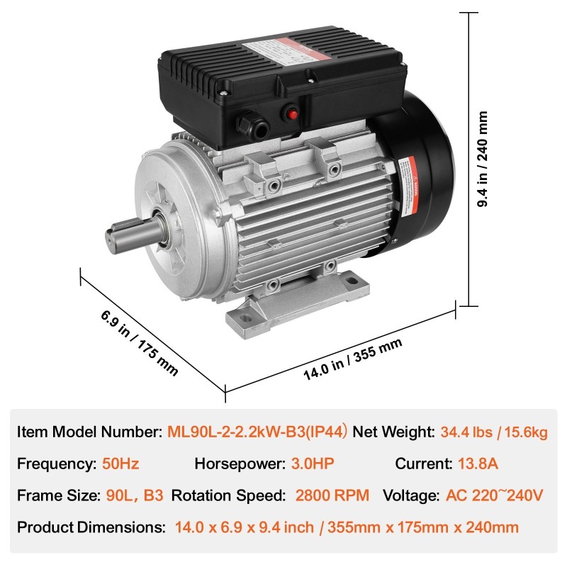 Sähkömoottori 2,2kW 2800rpm yksivaiheinen 220–240V 13,8A 24mm uritettu akseli B3 runko
