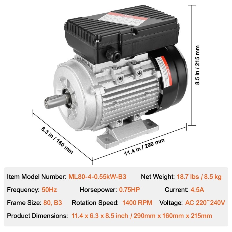 Sähkömoottori 0,55kW 1400r/min 220–240V yksivaiheinen runkokoko 80 B3 19mm akseli