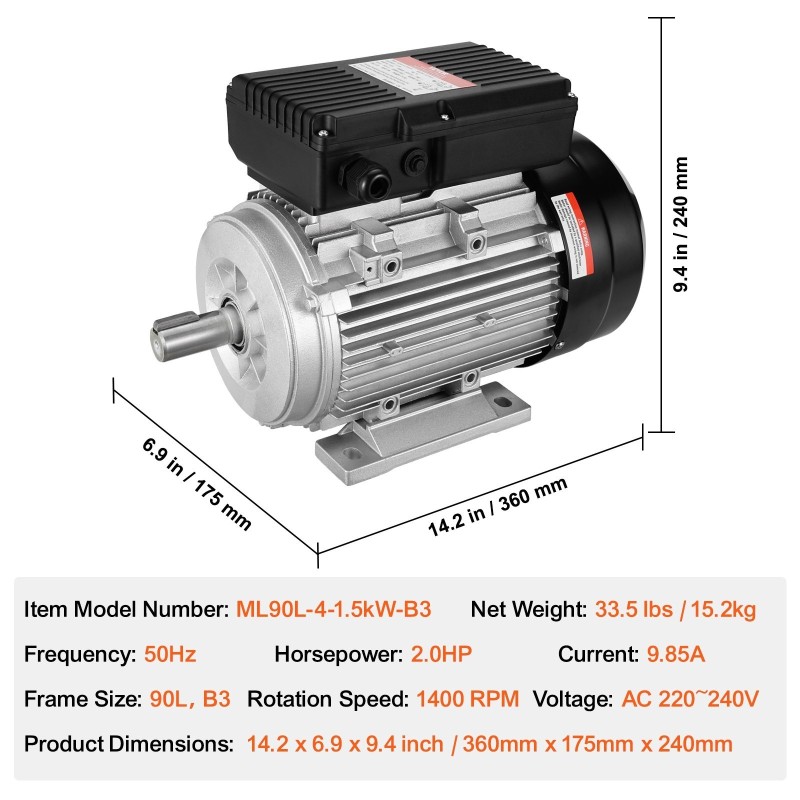 Sähkömoottori 1,5kW 1400 kierrosta minuutissa 220–240V 90L B3-asennus 24mm uritettu akseli