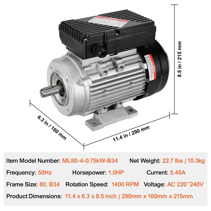 Sähkömoottori 0,75 kW yksivaiheinen 220–240V 1400 kierrosta minuutissa B34 19 mm akseli