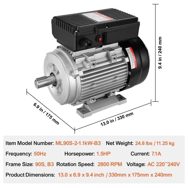 Teräskuorinen yksivaiheinen 1,1 kW vaihtovirtamoottori 220–240 V 2800 kierrosta 24 mm kiila-akseli
