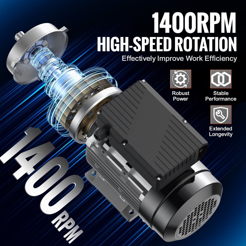 Yksivaiheinen sähkömoottori 0,55 kilowattia 1400 kierrosta minuutissa 220–240 volttia 19 millimetrin akseli